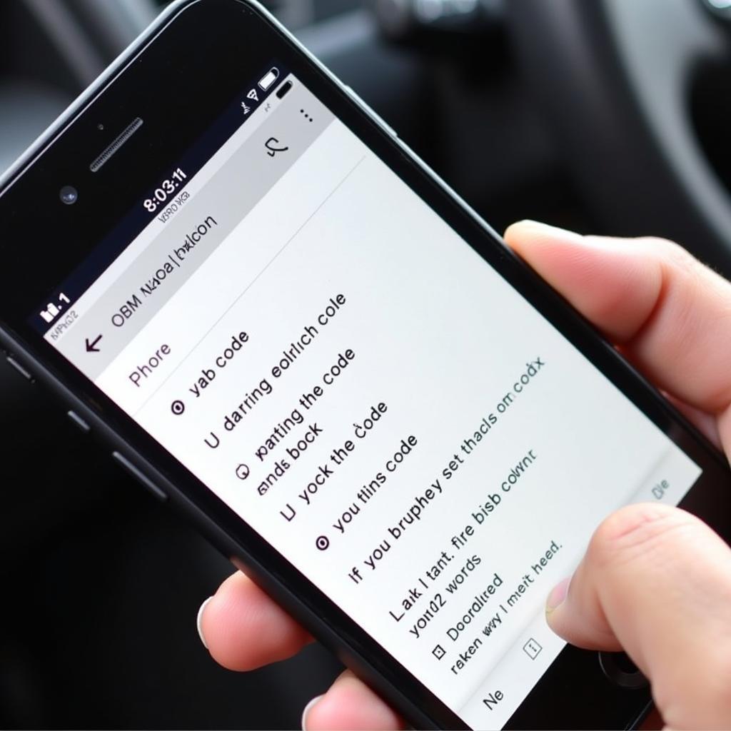 A smartphone displaying a list of OBD2 code definitions.