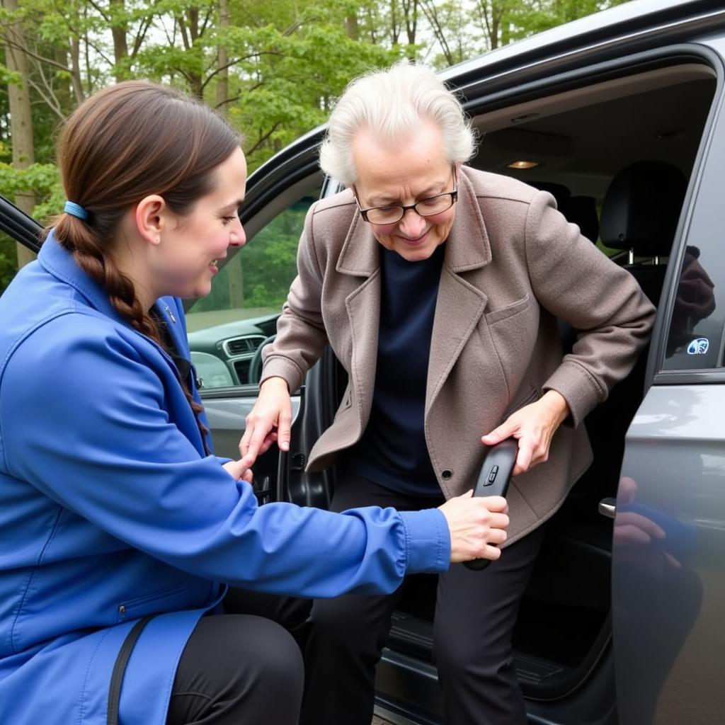 Occupational therapist assisting senior with car exit