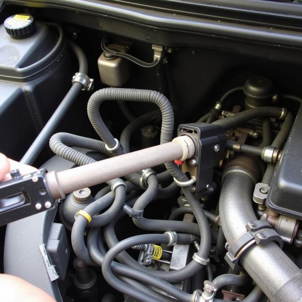 On-car brake flaring tool being used to create a double flare on a brake line in a tight engine bay