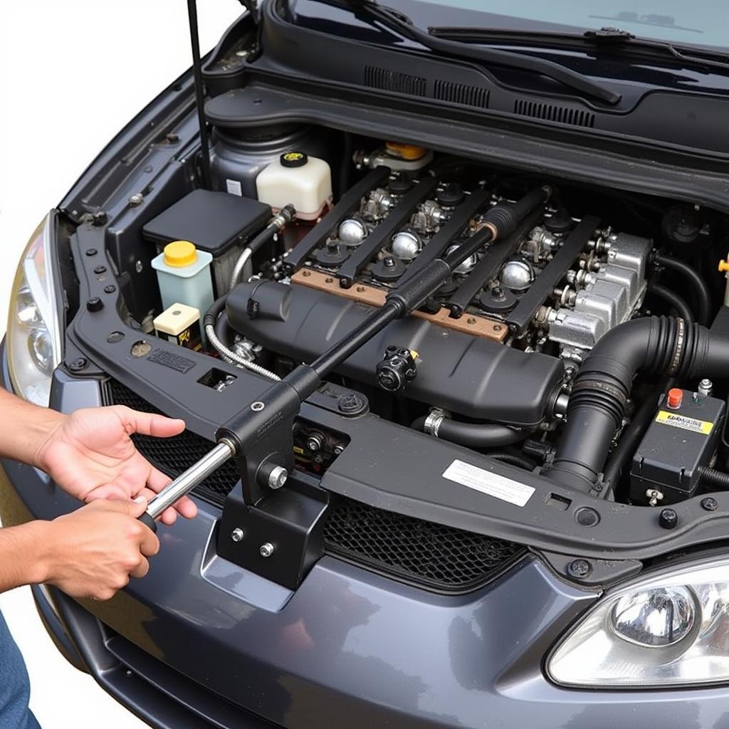 On-car valve spring compressor tool compressing a valve spring in an engine.