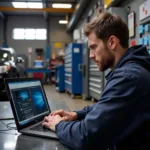 A mechanic using a laptop for online automotive training.