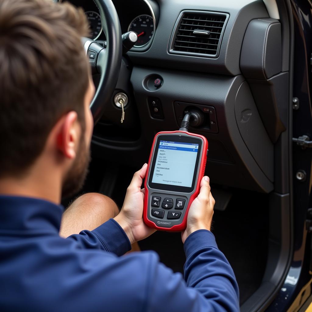 Mechanic using an orbit car diagnostic tool to diagnose a car engine.