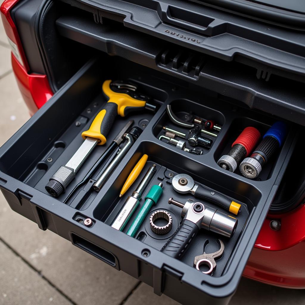 An organized car maintenance tool set in a toolbox