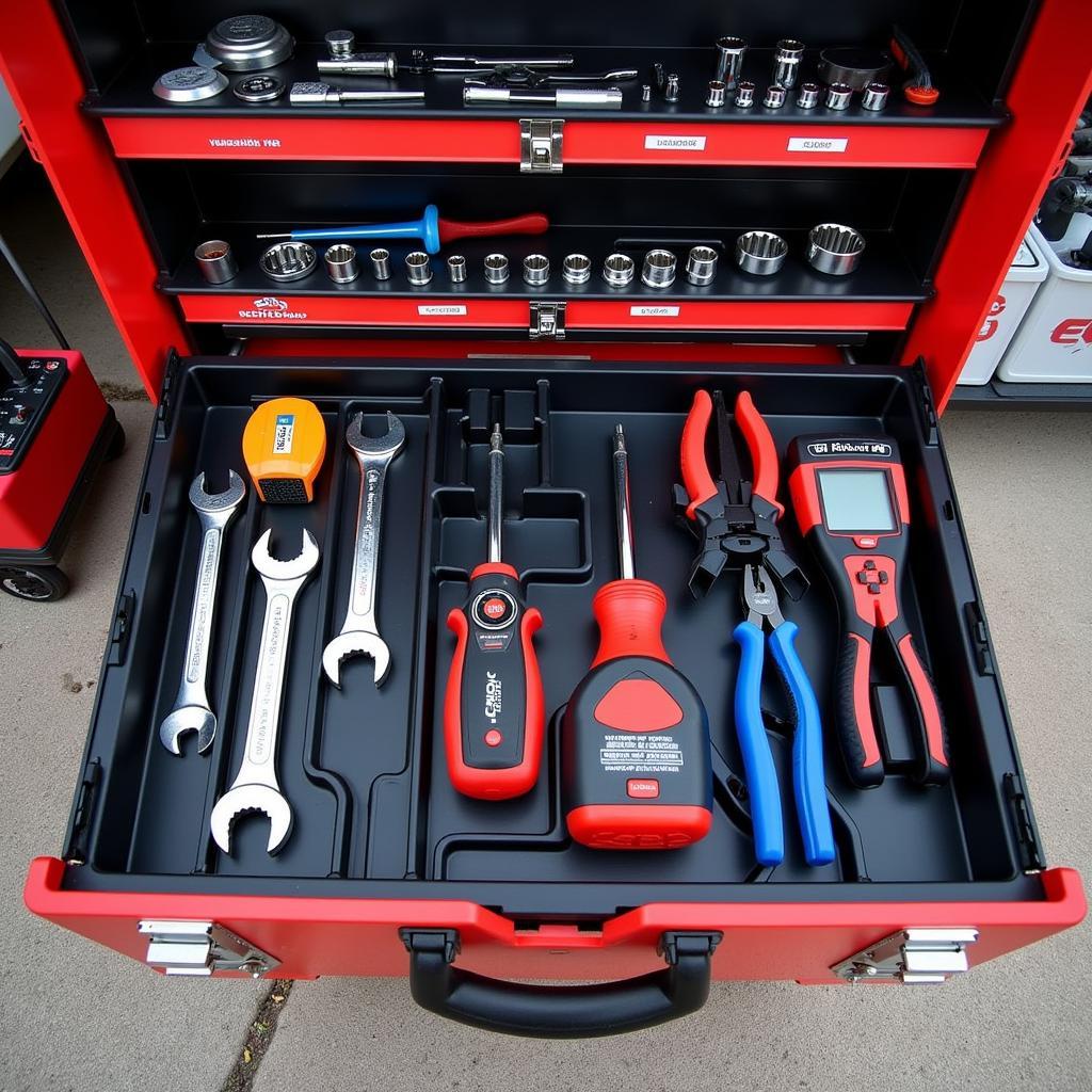 Organized Car Tool Box with Labeled Compartments for Various Tools