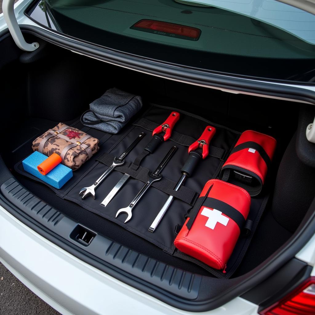 Organized car tool roll for roadside emergencies