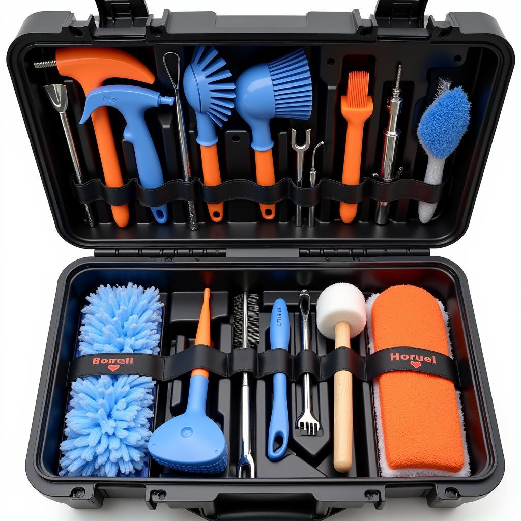 Organized Car Washing Tool Box: Tools Neatly Arranged in Labeled Compartments