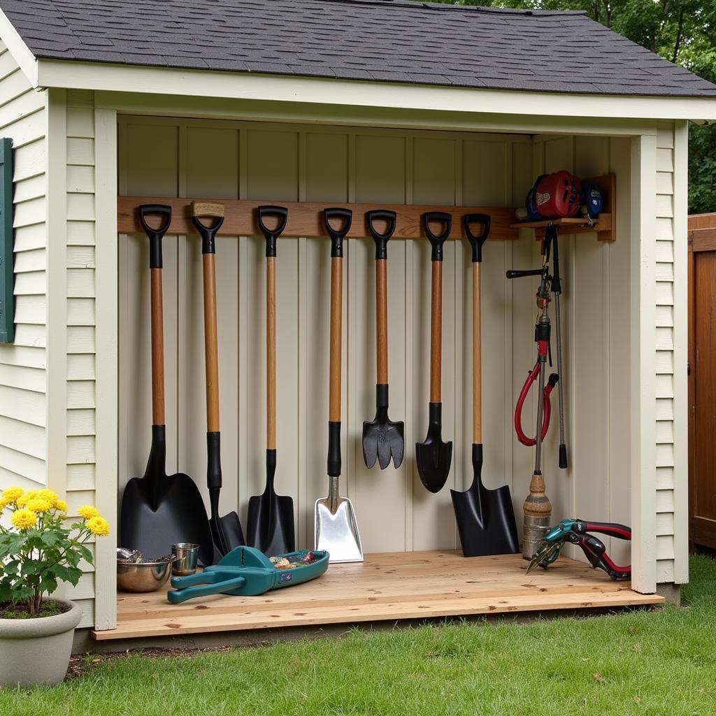 Organized Garden Tools Hanging in a Shed