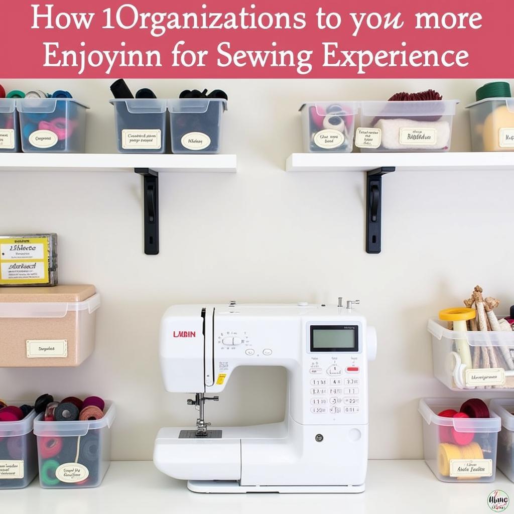 Well-organized sewing space with labeled storage solutions for tools and supplies