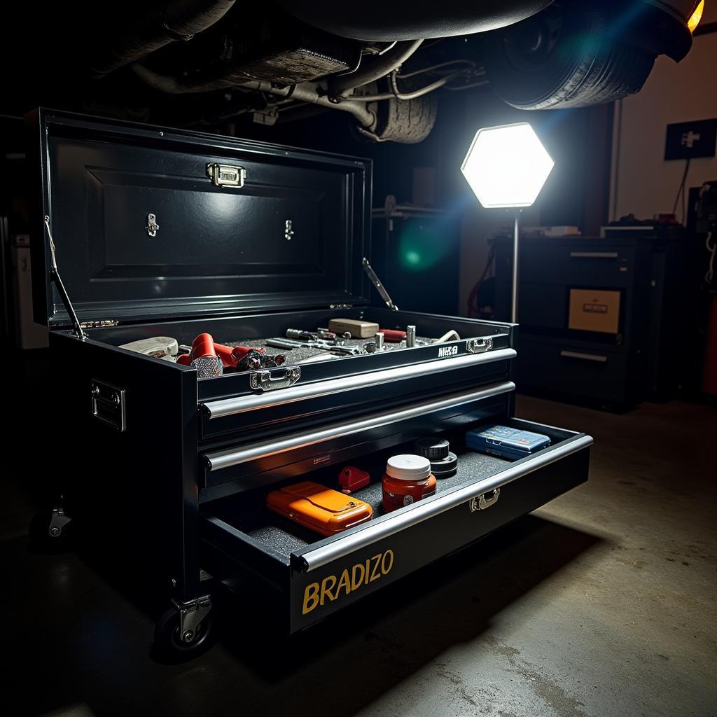 Organized Tool Chest and Worklight for Under Car Workspace