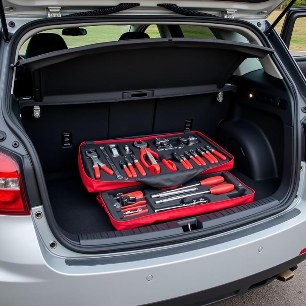 Organized Tool Kit in Car Trunk Ready for Roadside Emergencies