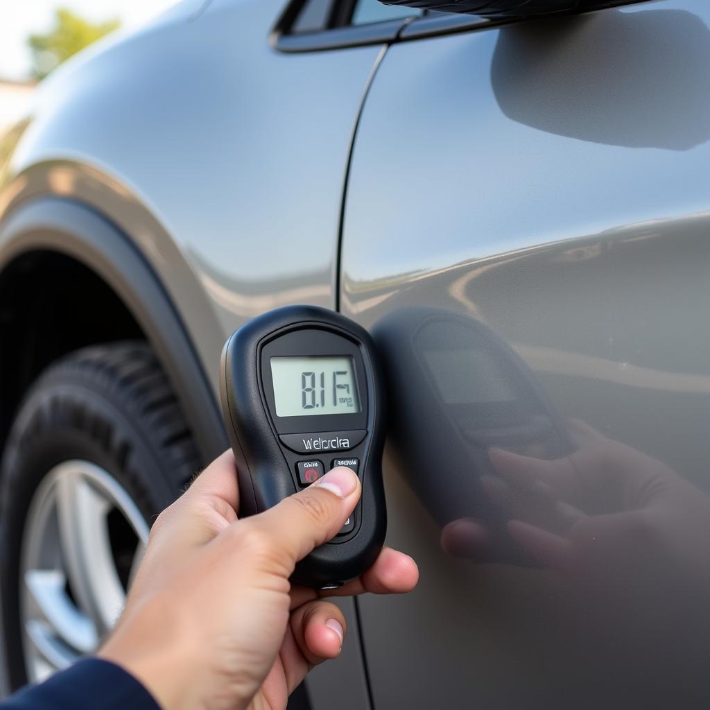 Checking Car Paint Thickness with a Gauge During Used Car Inspection