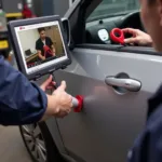 PDR Technique with Glue Puller:  A technician uses a glue puller from a 25pcs car PDR tool kit, following instructions from a YouTube tutorial.