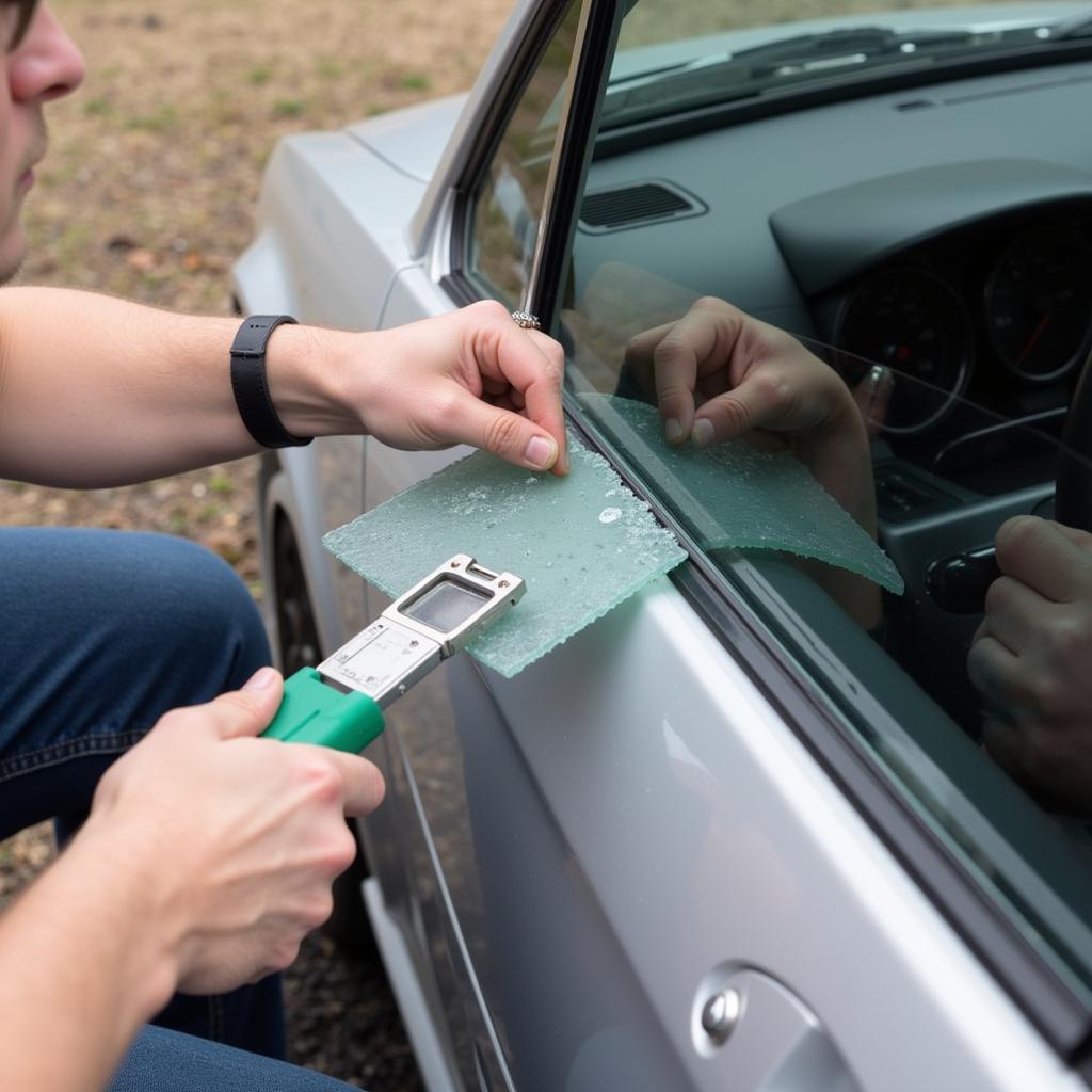 Person Testing Car Escape Tool on Glass