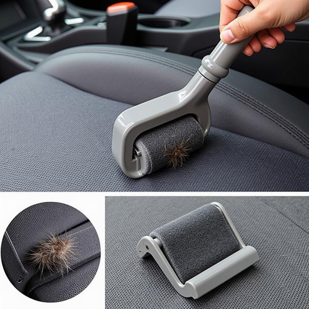 Pet Hair Remover Roller Being Used on a Car Seat