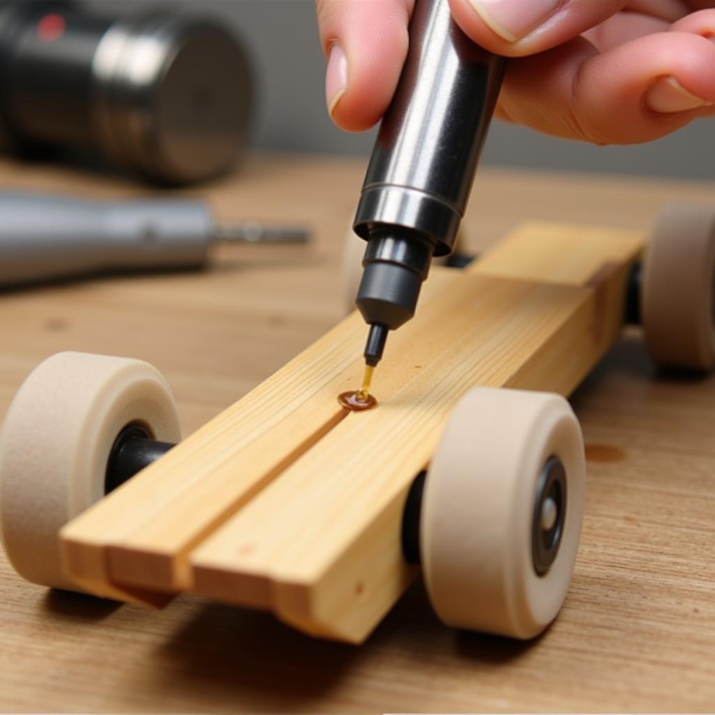 Applying Lubricant to Pinewood Derby Car Axles