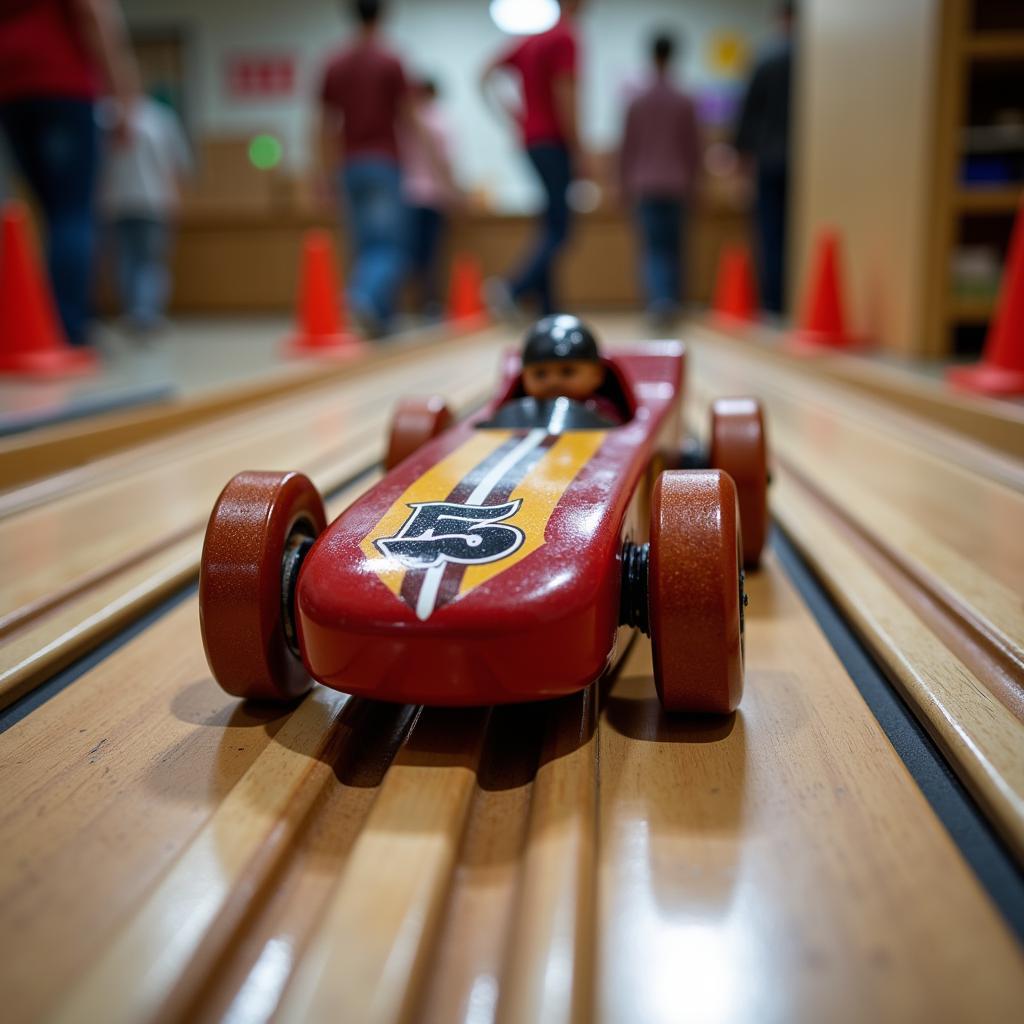 Pinewood Derby Car Racing Down the Track