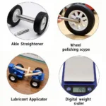 Pinewood Derby Car Tuning Tools: Axle Straightener, Wheel Polisher, Lubricant Applicator, and Scale