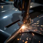 Plasma cutter making a precise cut on a car body panel