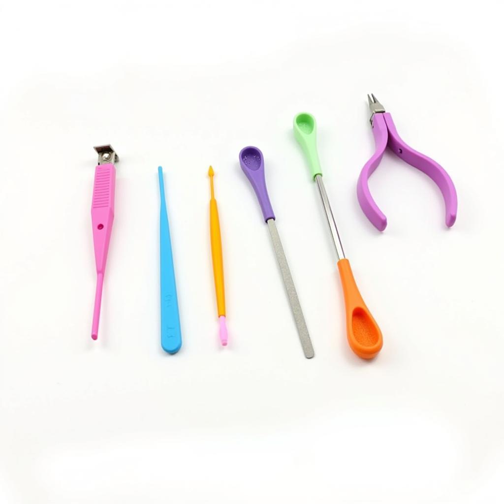 A set of colorful plastic nail care tools including pushers, clippers, and files.