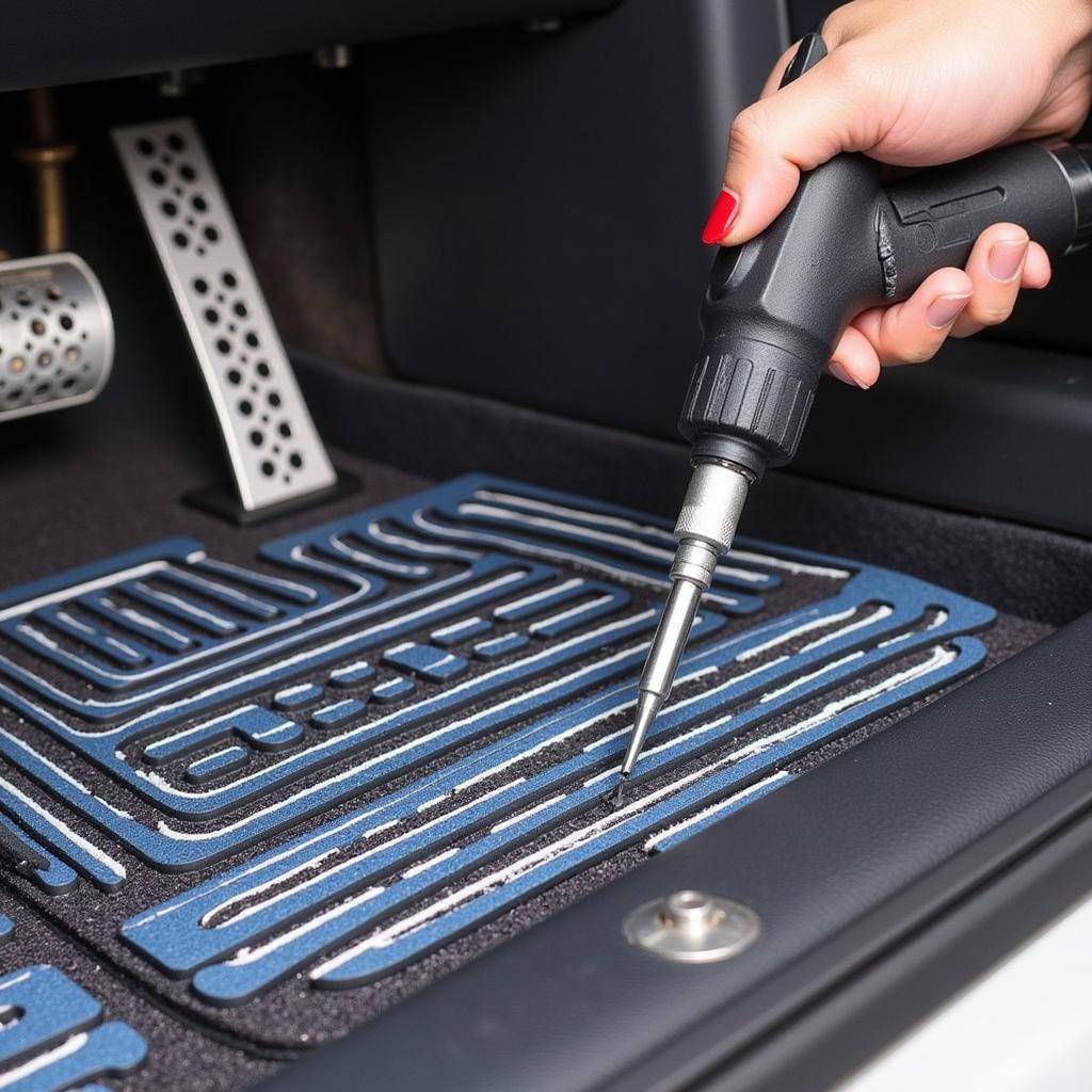 Pneumatic Car Mat Stripe Tool in Use on Multiple Mats