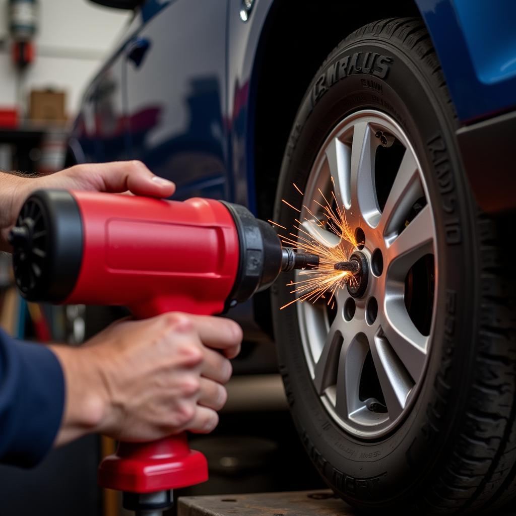 A mechanic using a pneumatic impact wrench to quickly remove lug nuts from a car tire during a tire change.