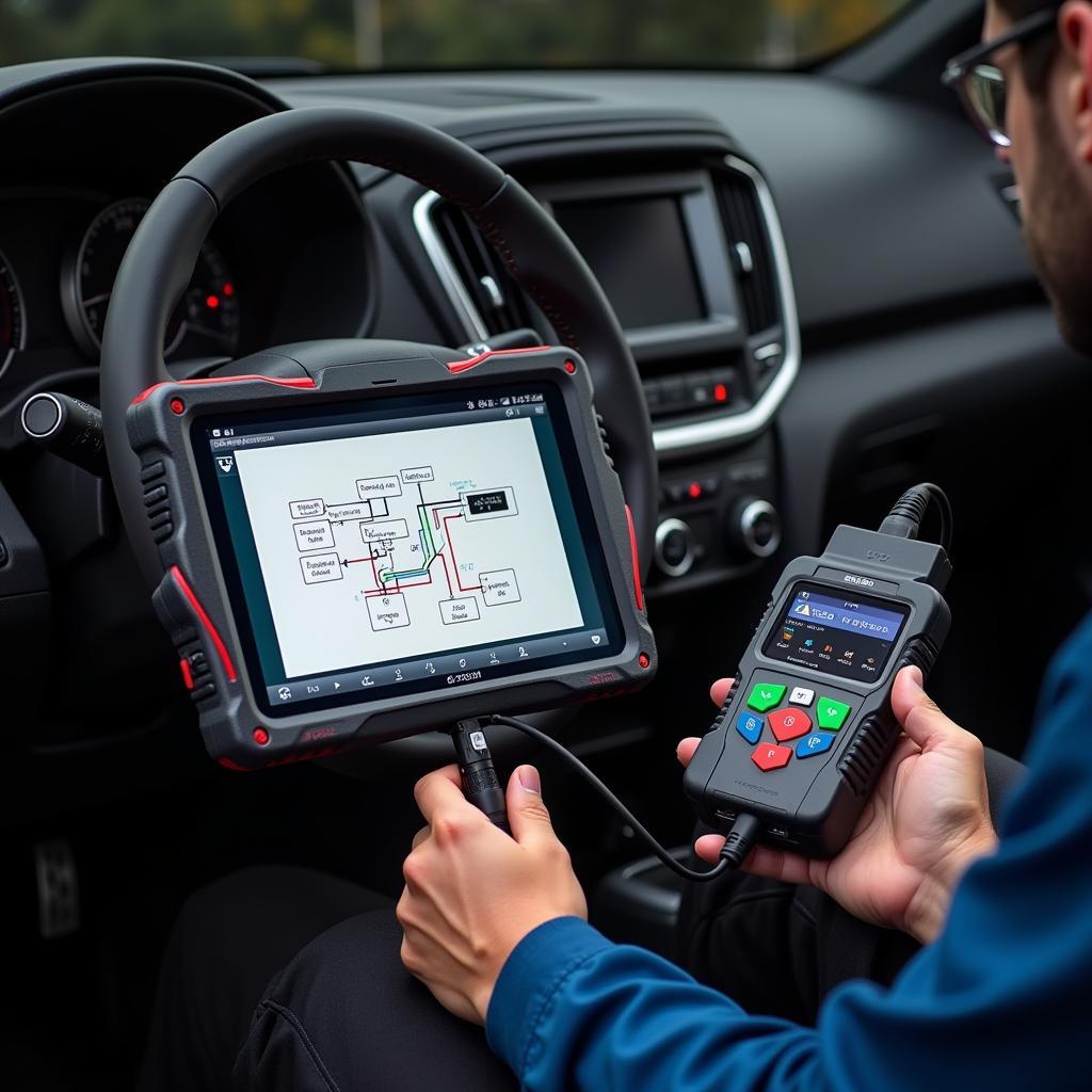 Technician using a point-of-care diagnostic tool on a car