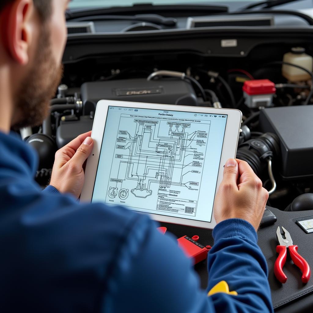 Technician Using Point of Care Reference Tools on a Tablet During a Car Diagnostic Session