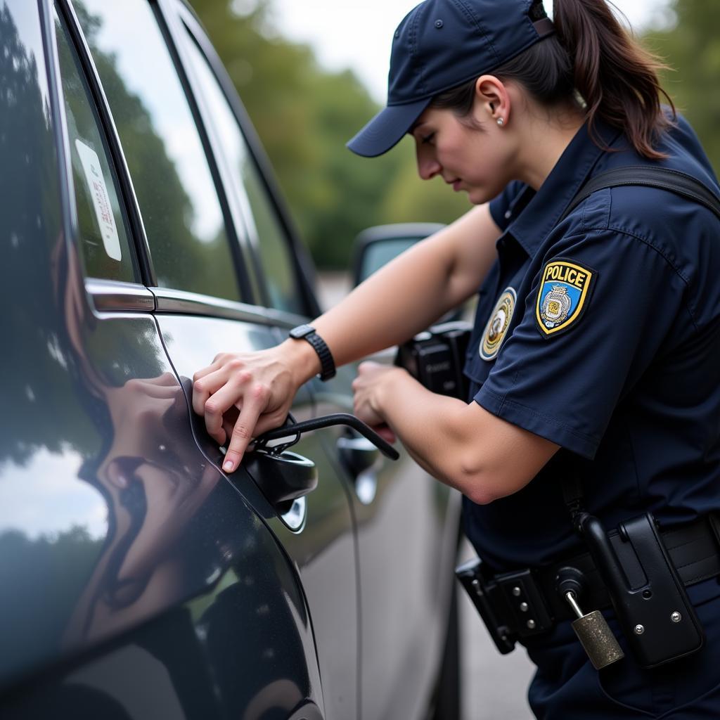 Police Officer Examining a Car Lock