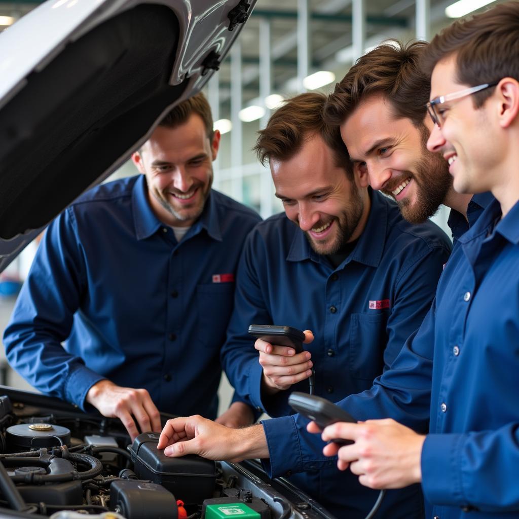 Mechanics Collaborating on Car Diagnostics