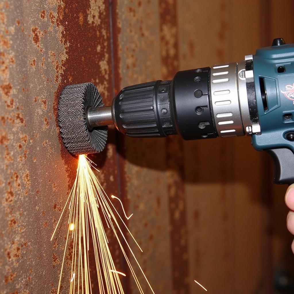 Power drill with wire wheel attachment for rust removal