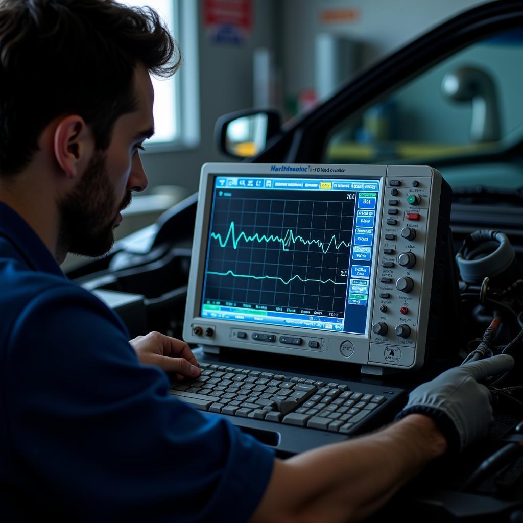 Mechanic Using an Oscilloscope for Advanced Car Diagnostics