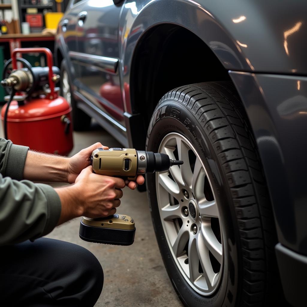 Power Tools in Car Mechanic Shop: Impact Wrench, Air Compressor, Drill, and Grinder