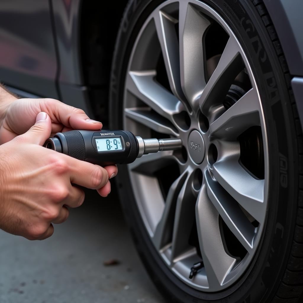 A mechanic using a torque wrench to tighten bolts on a car wheel.