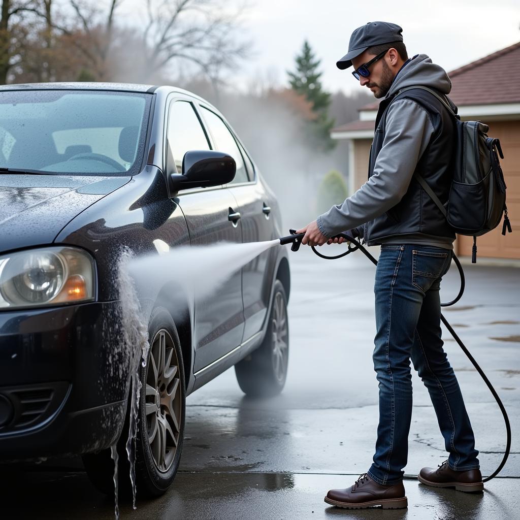 A person using a pressure washer to clean their car