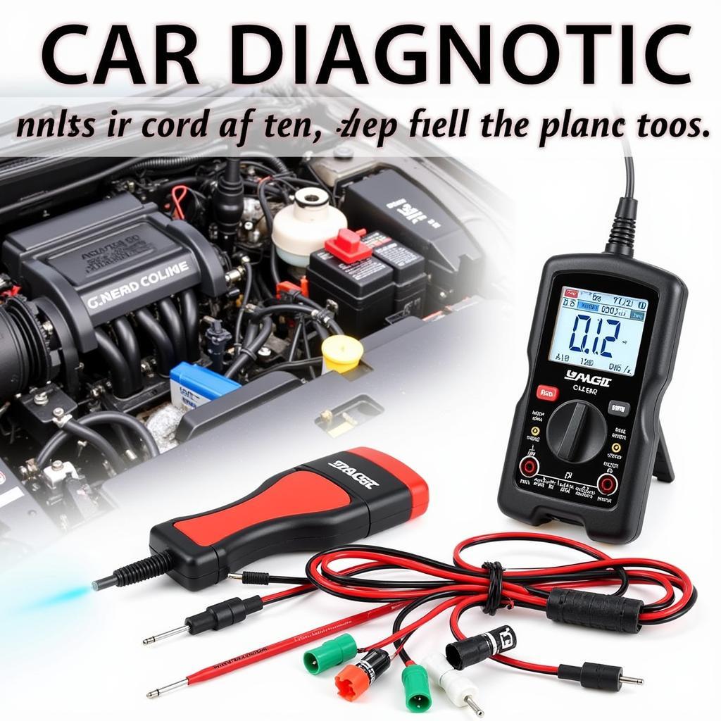 A comprehensive car diagnostic tool set including an OBD-II scanner, multimeter, test light, and various connectors.