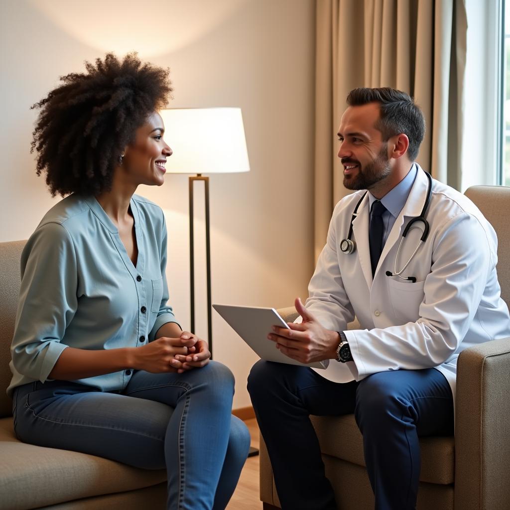 Primary care physician discussing mental health concerns with a patient.