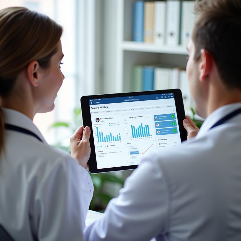 Doctor using a web-based tool on a tablet during a patient consultation