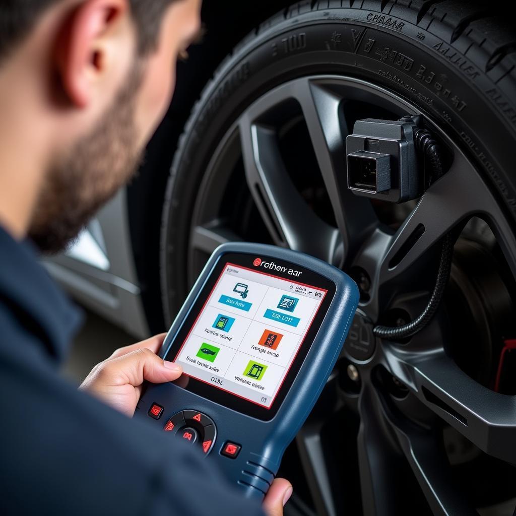 Professional car diagnostic tool in use