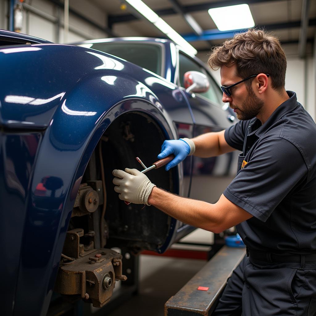 Professional using specialized tools to repair a large dent on a car fender