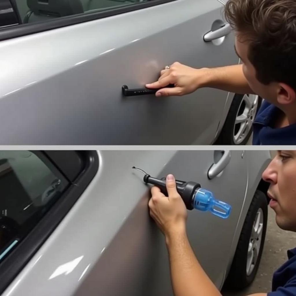 Professional Dent Repair Process: A photo depicting a technician using specialized PDR tools to repair a dent on a car, showcasing the precision and expertise required for this method.