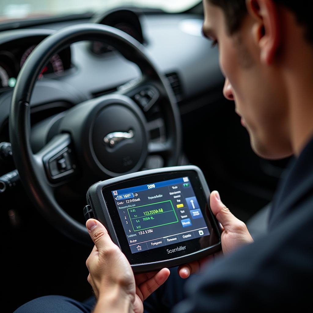 Mechanic Using a Professional Diagnostic Tool on a Jaguar XKR