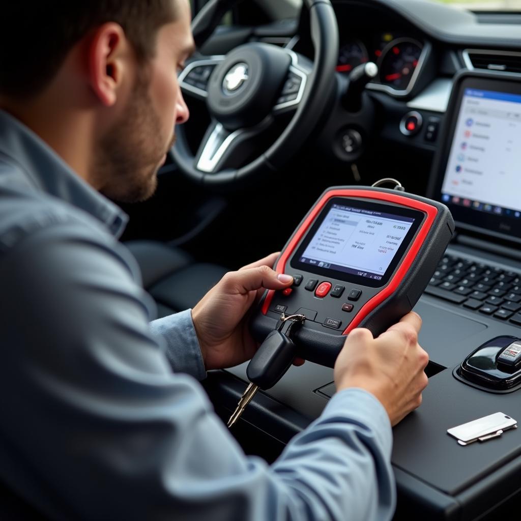 Professional Key Programmer Working on Car Key