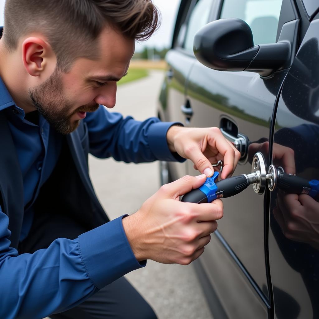 Professional Locksmith Unlocking a Car Door