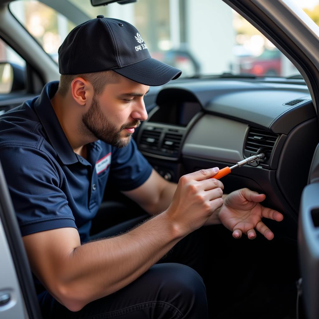 Professional Locksmith Unlocking a Car Door Using Specialized Tools