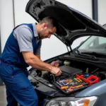 Professional mechanic utilizing a comprehensive car tool set for vehicle repair and maintenance.