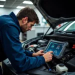 Professional Mechanic Using a Scan Tool on a Car Engine