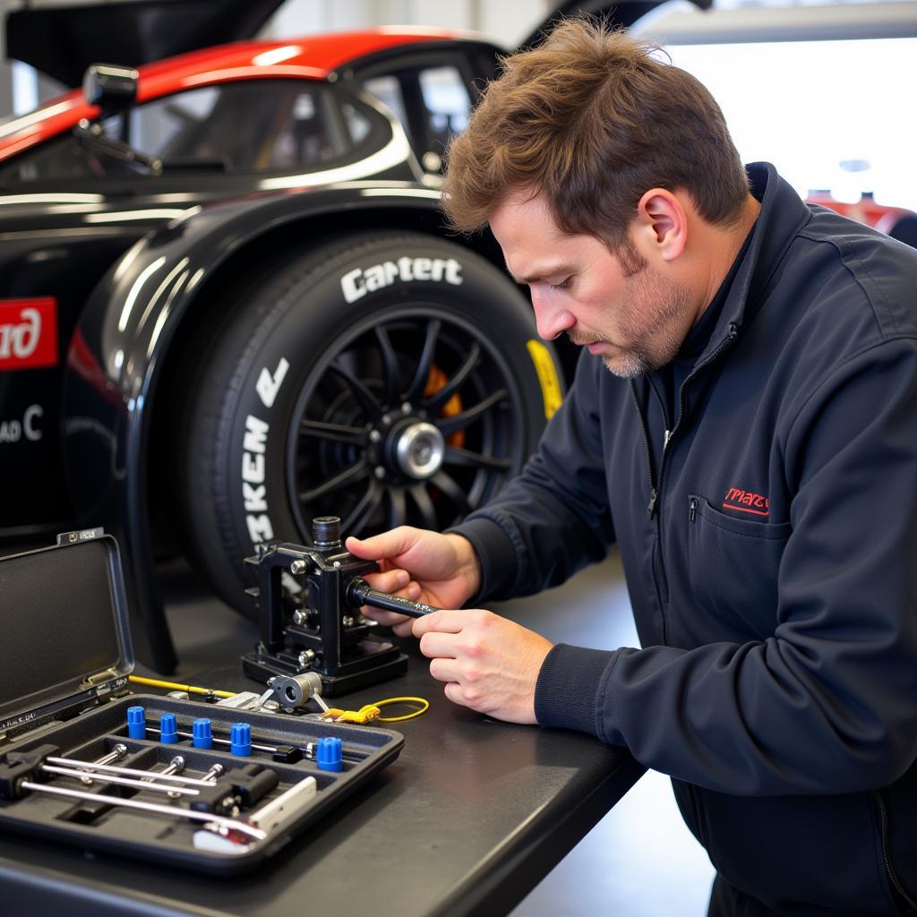 Professional Race Car Mechanic Using Alignment Tools