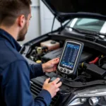 Mechanic using a professional scan tool to diagnose a car engine problem