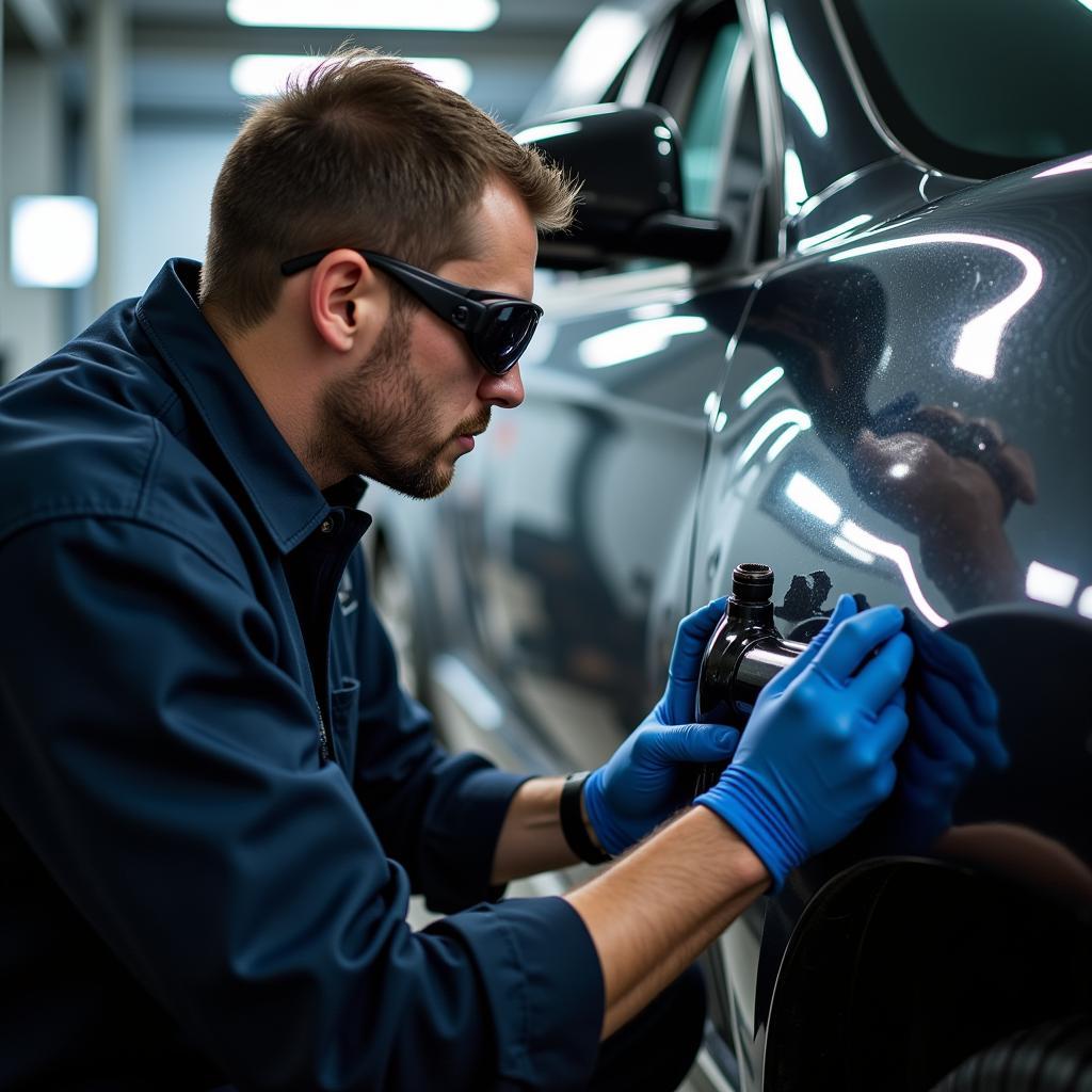 A professional auto body technician using a dent puller tool on a car.