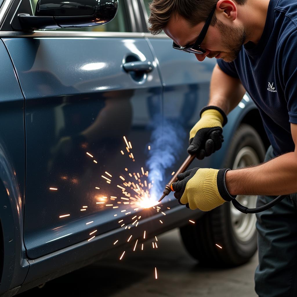 Professional Using a Stud Welder on a Car Door